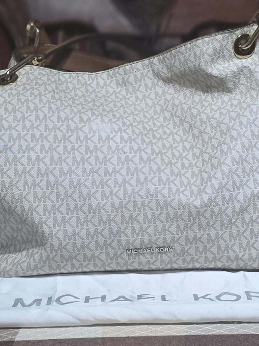 Michael Kors Bedford Large Vanilla Monogram Shoulder Bag Hobo Leather Trim